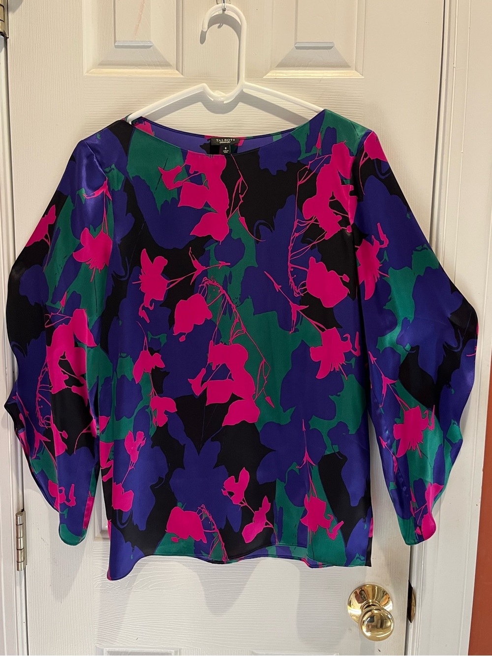 Talbots 100% Silk Colorful Floral 3/4 Split Sleeve Blouse Size 8